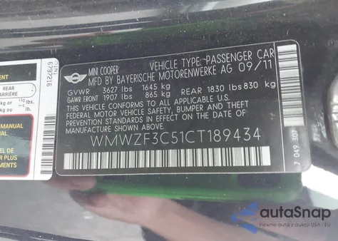 2012 Mini Cooper Clubman z USA, uszkodzony, nr VIN WMWZF3C51CT189434